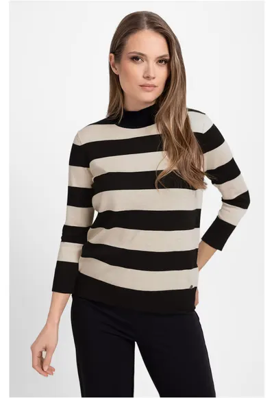 Pulover cu guler inalt - dama - maneci trei sferturi - S-Tess - in dungi bej melange si negru - Negru/Bej melange