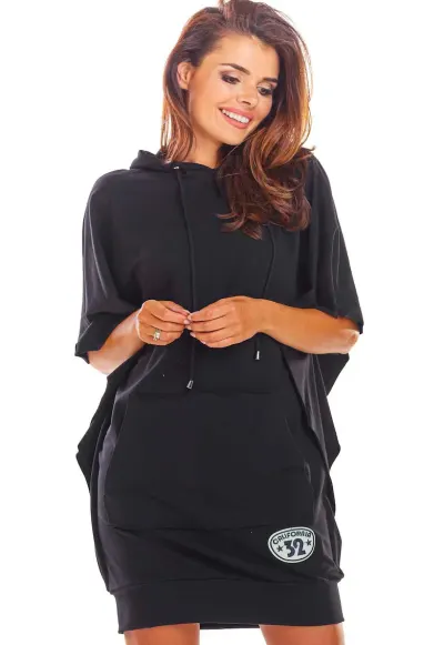 Rochie mini din bumbac cu gluga si maneci tip chimono - - Negru