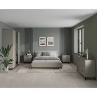 Set dormitor DOMINICA, 5 piese, pat cu somiera rabatabila 160x200 cm, dulap 3 usi cu oglinda, comoda, 2 noptiere, taupe + stejar silverjack