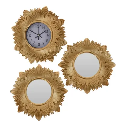 Set ceas de perete decorativ cu oglinzi, culoare auriu, model soare, design modern