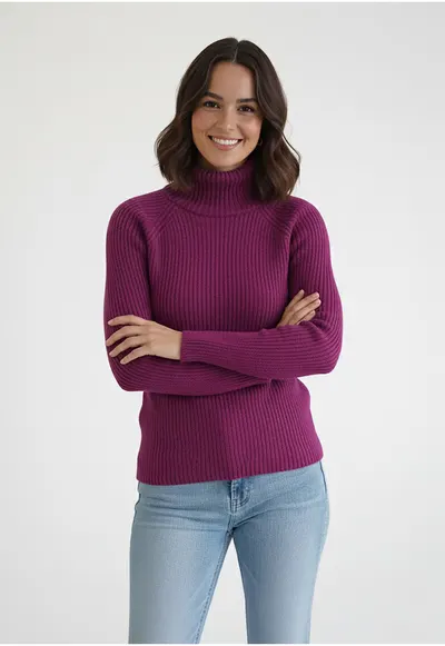 Pulover dama - mulat - guler inalt - fuchsia - tricot reiat