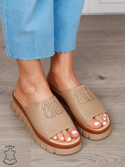Papuci Damă din Piele Naturală cu Detalii Perforate și Talpă Groasă CRL1264 KHAKI