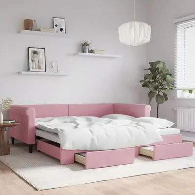 Gossi pat de zi cu extensie si sertare, roz, 100x200 cm, catifea