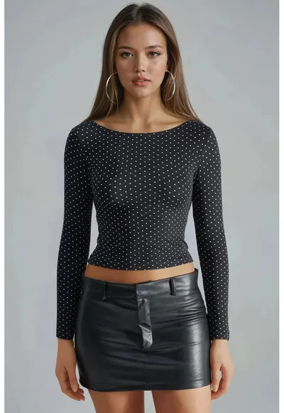 Bluza dama cu buline - negru/alb - viscoza-elastan