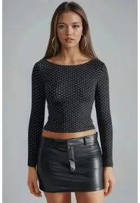 Bluza dama cu buline - negru/alb - viscoza-elastan