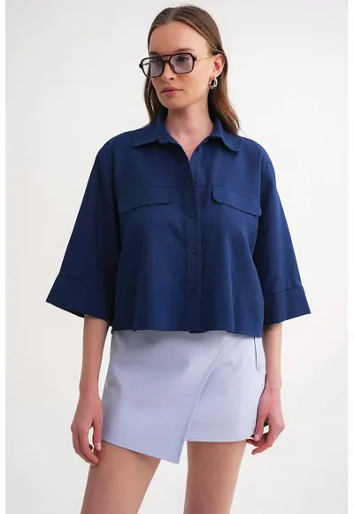Camasa dama - camasa scurta - bumbac - albastru marin