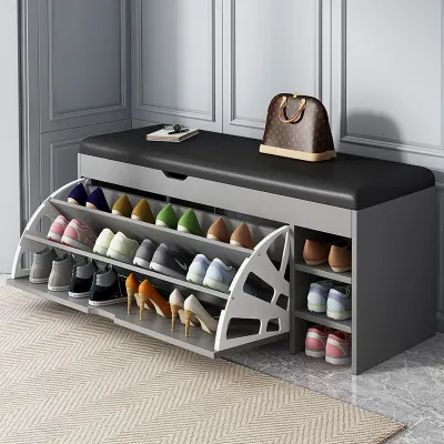 Dulap pentru pantofi tip bancheta, 100 x 30 x 51 cm, Alb/Maro/Gri
