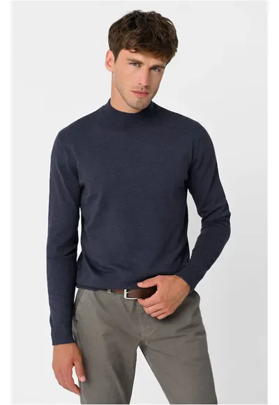 Pulover tricotat fin cu guler mediu S-Baz - Denim melange - Albastru inchis