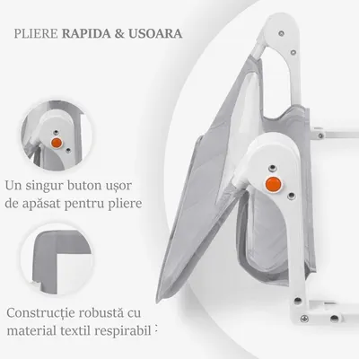Bariera de protectie pentru pat copii KikkaBoo I am Safe Grey 150 cm, fixare stabila, rabatabila, potrivita pentru saltele de la 12-20 cm,colturi rotunjite,material textil de inalta calitate