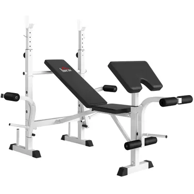 HOMCOM Bancă cu Suport pentru Haltere, Presă pentru Piept, Presă pentru Picioare, Suport pentru Brațe pentru Flexii Biceps, Oțel, negru+alb | Aosom Romania