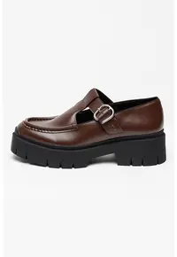 Pantofi de piele ecologica cu bareta in T Kris - Maro inchis