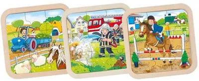 Puzzle din lemn Goki - Fermă, stație de pompieri, asortiment