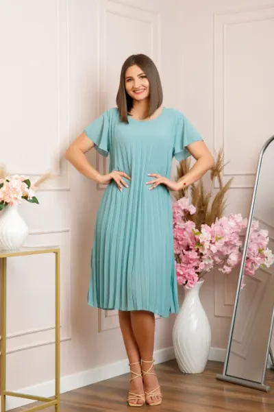 Rochie plisata Elisa cu maneci fluture - Verde mint