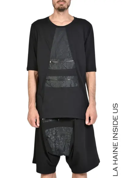 Tricou din bumbac oversize cu buzunare aplicate din nailon cu aspect șifonat - Negru