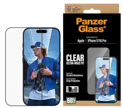 Protector de sticlă PanzerGlass - Clear, Ultra-Wide Fit, iPhone 17/16 Pro, transparent