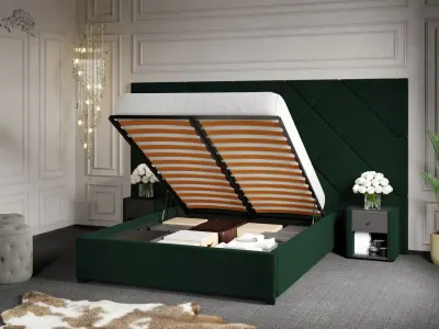 Pat Tapitat cu Panou 305x171 C4 Dubai pentru saltea de 190 rabatabil cu lada Verde Inchis - Velluto 27 140x190