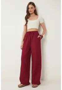 Pantaloni dama - Happiness Istanbul - snur talie - visiniu - bumbac