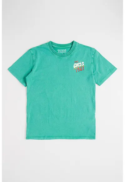 Tricou din bumbac cu aspect decolorat si imprimeu logo - Verde aquamarin