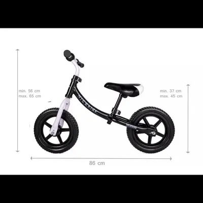 Bicicleta copii fara pedale Nice Kids White Black 12 inch, roti din spuma eva, greutate redusa, scaun si ghidon reglabile pe inaltime, roti cu rulmenti