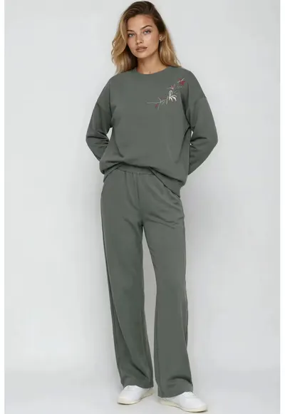 set doua piese - bluza cu guler rotund si pantaloni cu picioare largi - verde khaki 970900 - Kaki