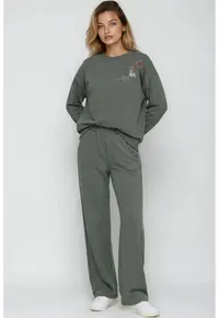 set doua piese - bluza cu guler rotund si pantaloni cu picioare largi - verde khaki 970900 - Kaki