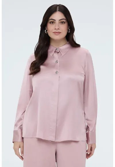 Bluza polo cu fenta cu nasturi - Roz prafuit