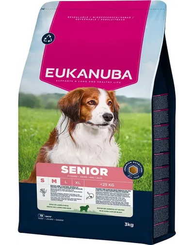 EUKANUBA Senior Small Medium Breeds Lamb Rice 3 kg hrană câini în vârstă de rase mici și medii bogată în carne de miel și orez