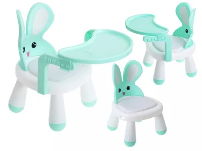 Scaun de masa pentru copii Ikonka, 2 in 1, cu tavila reglabila si detasabila, sarcina maxima 26 kg, dimensiune 31 x 45cm, Little Bunny Verde menta