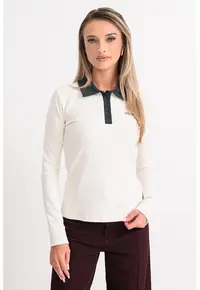 Bluza polo cu guler contrastant - Verde englez/Crem