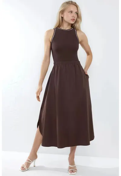 Rochie Midi Fara Maneci Nervuri - Guler Rotund - Maro - Viscoza-Elastan