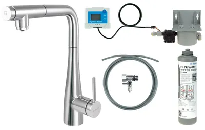 Baterie pentru bucatarie cu pipa extractibila, crom si kit de filtrare a apei, Deante Eridan