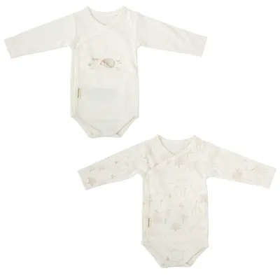 Set body-uri cu mânecă lungă Bimbidreams - Noe, 2 bucăți, 0-1 luni, White/Linen