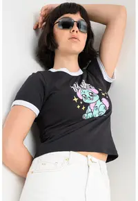 Tricou cu model grafic si garnituri contrastante Puppy Ringer - Negru/Verde pal/Alb optic