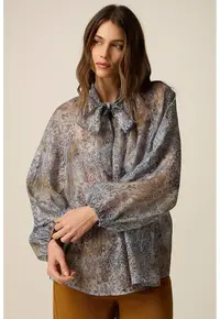 Bluza cu model si funda din panglici - Albastru prafuit