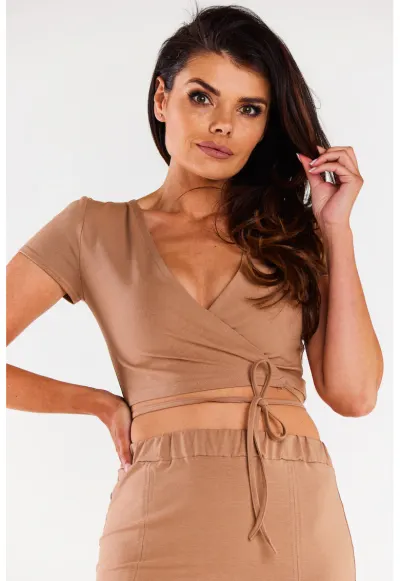 Crop top din bumbac parte peste parte - - Bej