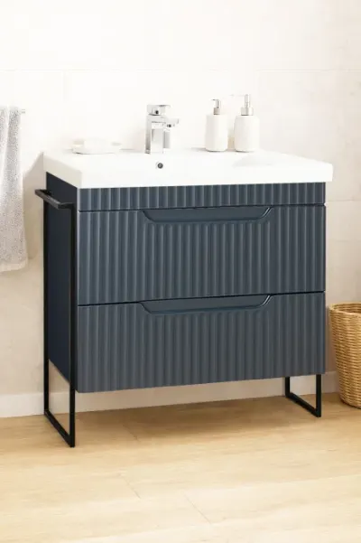 Set Baza front MDF si Lavoar seria 733, cadru metalic, cu sertare, montata, 80 cm, antracit