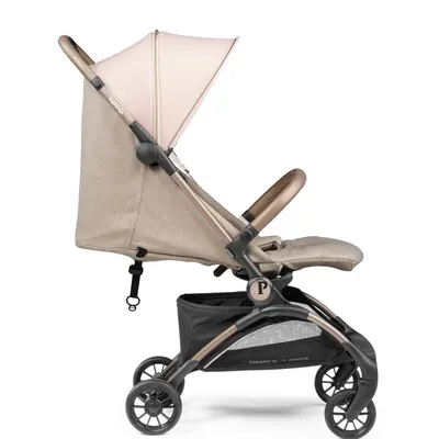 Carucior copii Peg Perego Volo, ultracompact, 0 - 22 kg, cu spatar si suport pentru picioare reglabile, frana centralizata, bara frontala detasabila si geanta transport inclusa, 5.4 kg, Mon Amour, Bej Roz