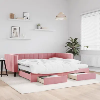 Gossi pat de zi cu extensie si sertare, roz, 100x200 cm, catifea