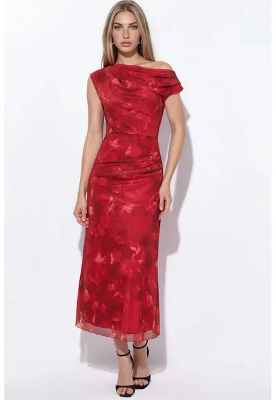 Rochie Midi - Eleganta - Florala - Rosie - Poliester-Elastan