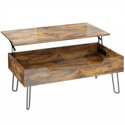 HOMCOM Masă de cafea dreptunghiulară din lemn cu depozit mare ascuns, înălțime reglabilă, 95 x 50 x 40 cm, Maro rustic | Aosom Romania