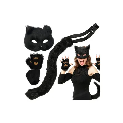 Set costum Halloween 4 in 1, masca, coada, manusi, pisica/vulpe/lup, negru