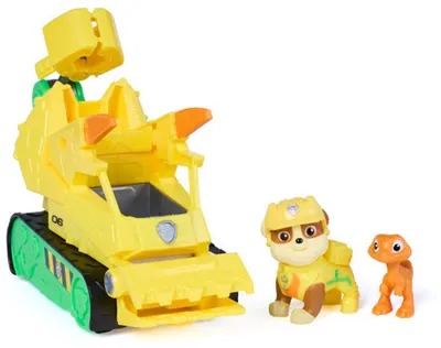 Set de joacă Spin Master Paw Patrol - The Dino Movie, buldozerul de salvare cu Rubble și dinozaur