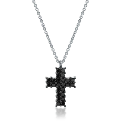 Lant cu pandantiv cruce din aur alb cu diamante negre de 0.38ct