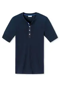 Tricou de bumbac cu decolteu Henley - Albastru inchis
