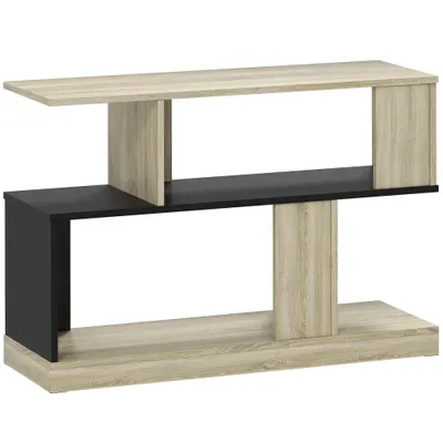 HOMCOM Măsuță laterală în formă de S, măsuță de canapea cu 3 niveluri și rafturi de depozitare, 90 x 30 x 61 cm, efect lemn natural negru | Aosom Romania