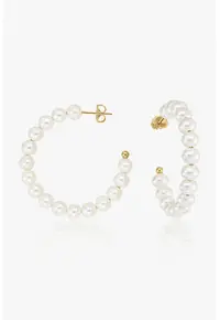 Cercei placati cu aur de 14K decorati cu perle Golden Pearl Hoops 2 Microns - Alb/Auriu