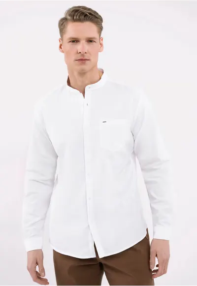 Camasa barbati cu guler mao - Slim Fit - maneci lungi - buzunar pe piept - K-Lange - alb - Alb