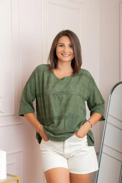 Bluza dama din bumbac Louise cu perforatii si buzunar - Kaki