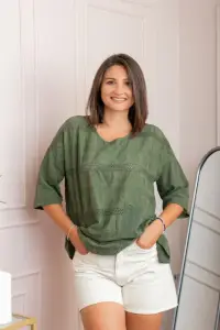 Bluza dama din bumbac Louise cu perforatii si buzunar - Kaki