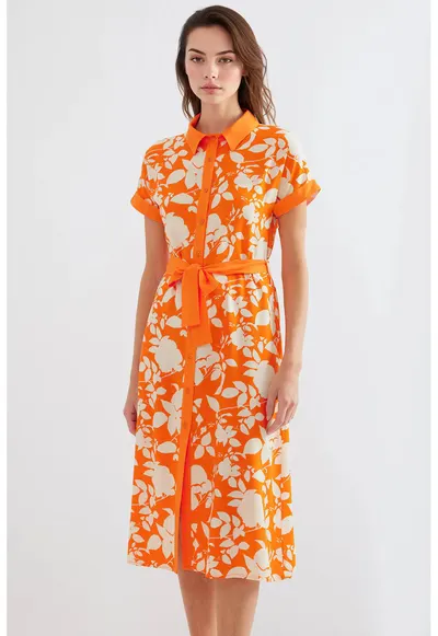 Rochie midi dama HiCCUP - imprimeu floral - viscoza - portocaliu/crem